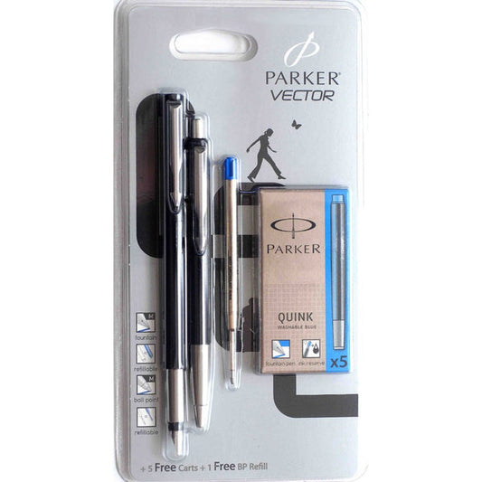 Parker Vector Black Ballpoint & Fountain Pen Set + 5 Free Carts + 1 Free BP Refill