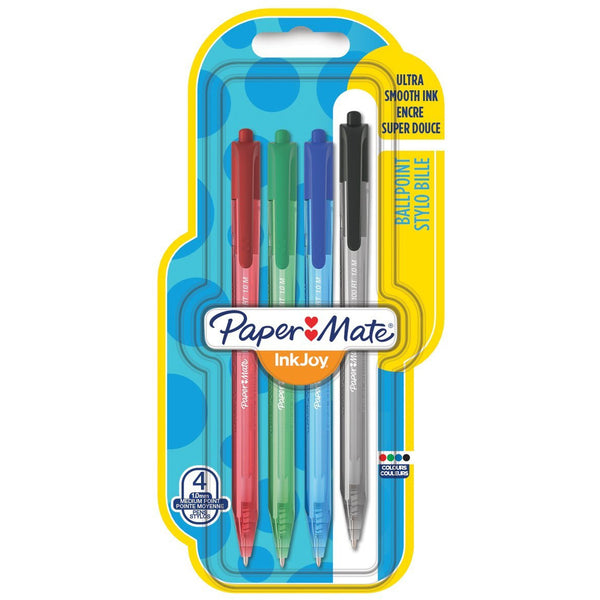 Paper Mate InkJoy Retractable Ballpoint Pen with 1.0 mm Medium Tip - Assorted Standard Colours, Pack of 4