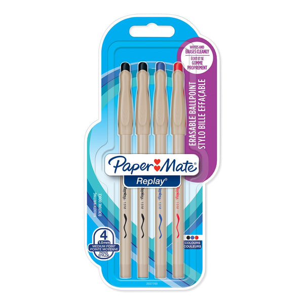 Paper Mate Replay Erasable Ball Pen Medium Tip 1.0mm - Assorted Standard Colours (Pack of 4)