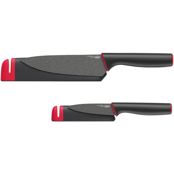 Joseph Joseph Slice & Sharpen 6" Chef's Knife and 3.5" Paring Knife with Sharpening Protective Sheaths - Black/Red