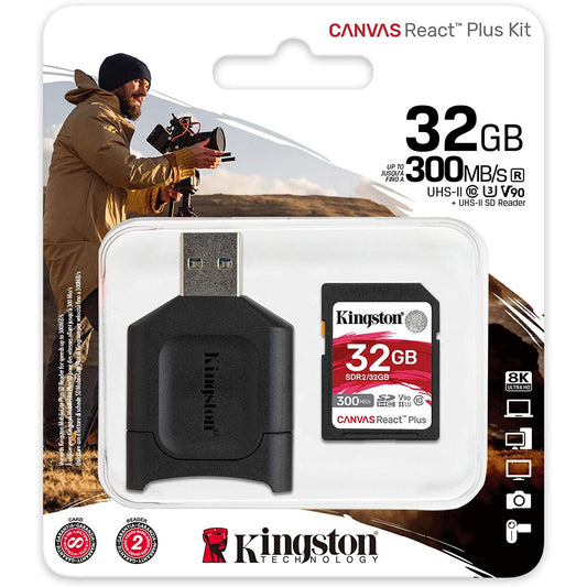 Kingston 32GB SDXC Canvas React Plus 300MB/s Read UHS-II, C10, U3, V90 Memory Card w/ MLP SD Reader