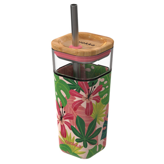 QUOKKA GLASS STRAW TUMBLER WITH SILICONE COVER LIQUID CUBE 540 ML PINK JUNGLE