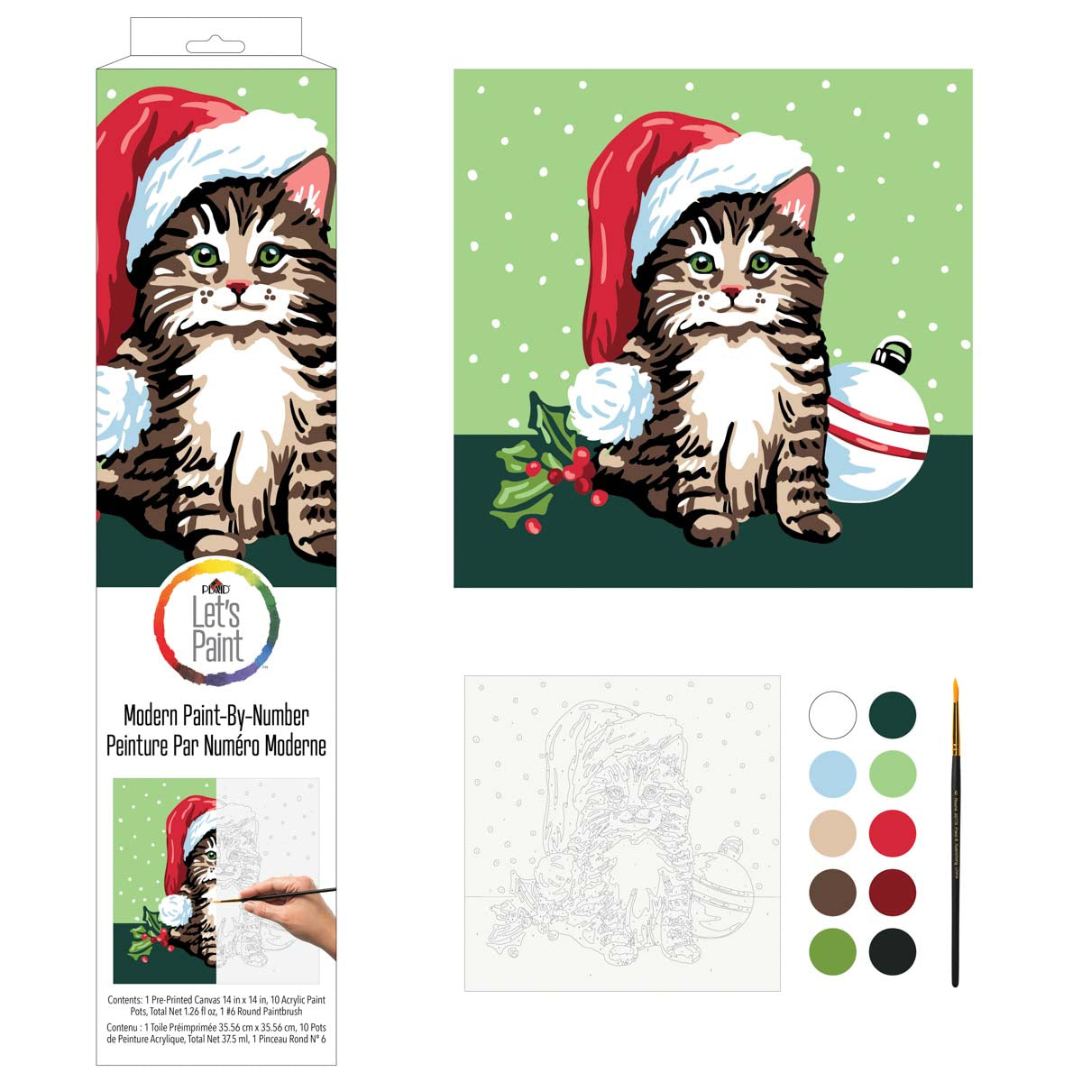 NEW Plaid Let's Paint By Numbers Christmas Kitten On Printed Canvas 35x35 cm