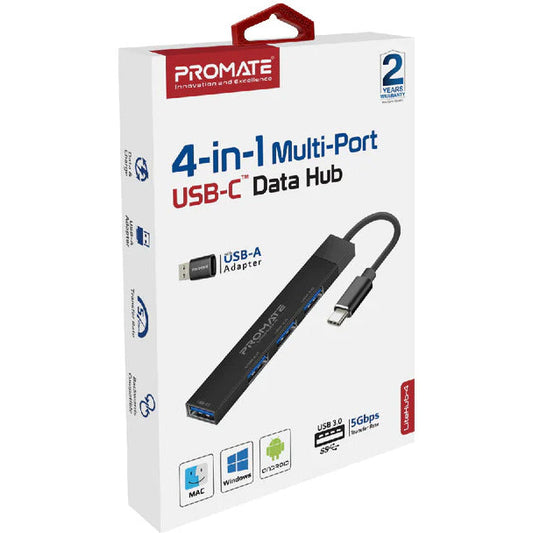 Promate LiteHub-4 4 In 1 Multi-Port USB-C Hub 4 USB-A Ports 480Mbps / 5Gbps Transfer Rate For Windows & Mac - Black