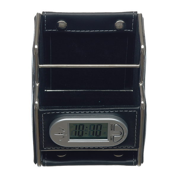 Time & Date Leather Style Pen Cup & Memo Dispenser - Black & Silver