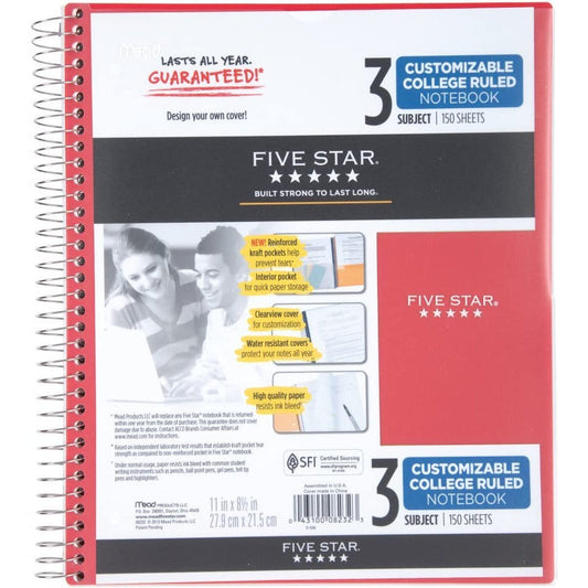 NEW Mead Five Star 3 Subject Customizable College Ruled 150 Sheets Spiral Notebook - A4