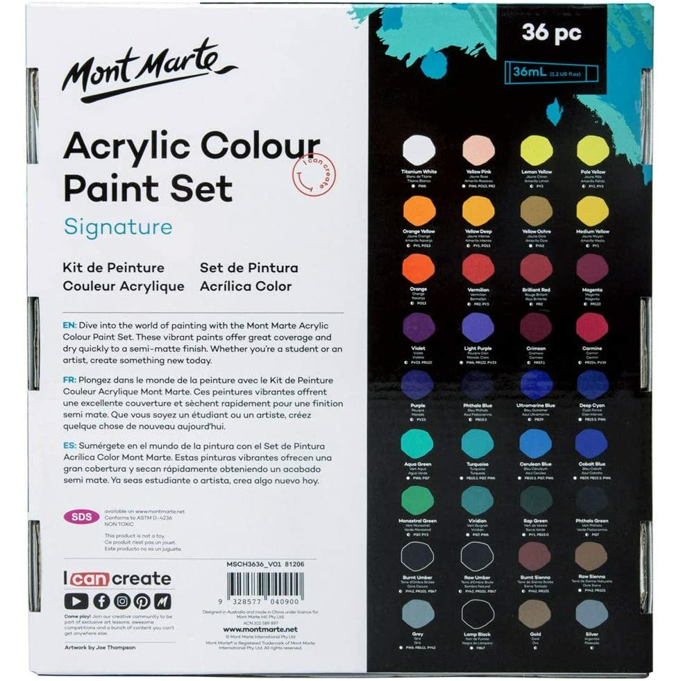 NEW Mont Marte Acrylic Paint Tube Set 36x36 ml