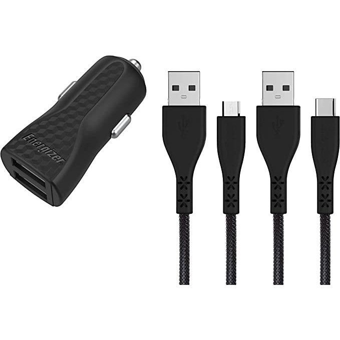 HARDCASE CAR CHARGER LW 2.4A 2USB+USB-C2.0 +Micro Cable Bk