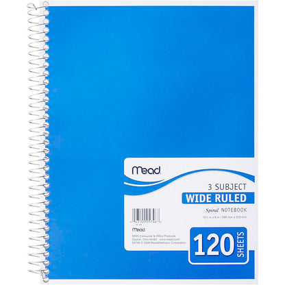 NEW Mead 3 Subject Wide Ruled 120 Sheets Spiral Notebook - A4