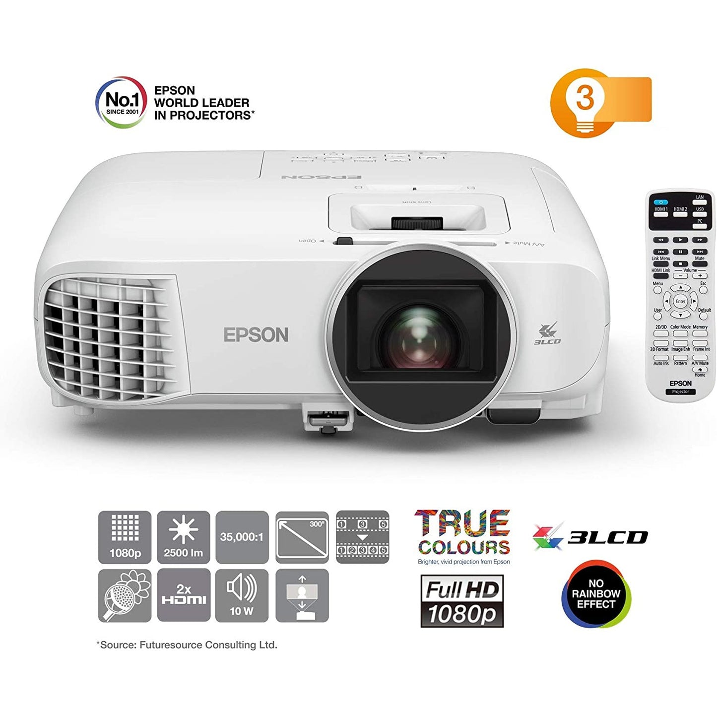 Epson EH-TW5600 3LCD, Full HD, 2500 Lumens, 300 Inch Display, Lens Shift, Home Cinema Projector - White