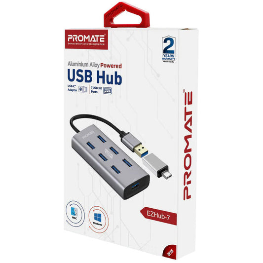 Promate EzHub-7 7 In 1 Aluminium Alloy Powered USB Hub 7 USB 3.0 Ports USB-C Adaptor 5Gbps Transfer Rate Data & Charge