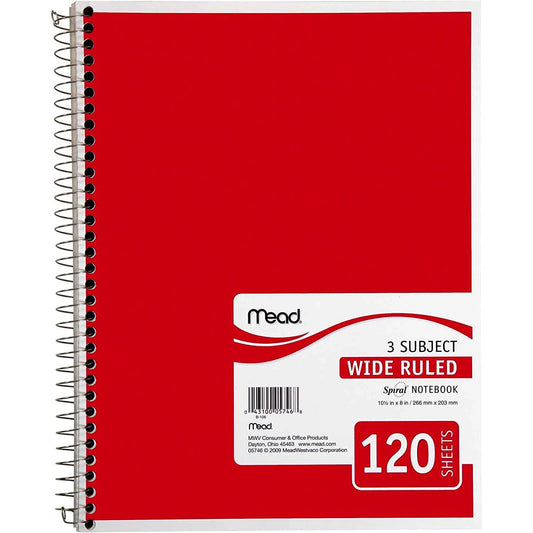 NEW Mead 3 Subject Wide Ruled 120 Sheets Spiral Notebook - A4