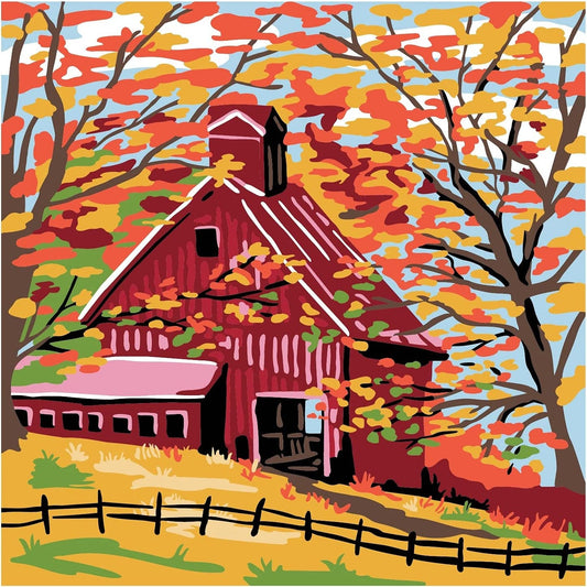 NEW Plaid Let's Paint By Numbers Fall Barn On Printed Canvas 35x35 cm