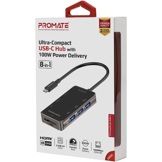 Promate PrimeHub-Mini 8 In 1 Type-C Adapter 100W USB-C Power Delivery 4K HDMI, TF/SD Card Slot, RJ45 Port and 3 USB 3.0 Sync Charge