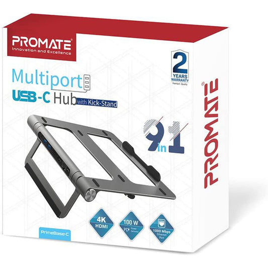 Promate Aluminum Laptop Stand 9-in-1 USB-C Hub Detachable 100W USB-C Power Delivery 4K HDMI Port 1Gbps Ethernet Port 2xUSB 3.0 Ports & MicroSD Slot