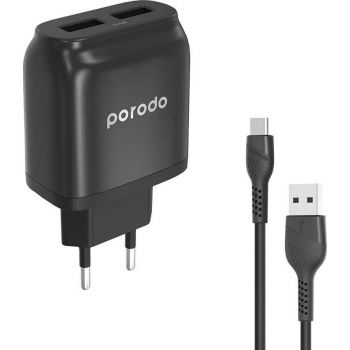 Porodo Dual Port Wall Charger Auto-ID 2.4A EU  Includes 4ft/1.2m Type-C Cable PD-0203TEU-BK