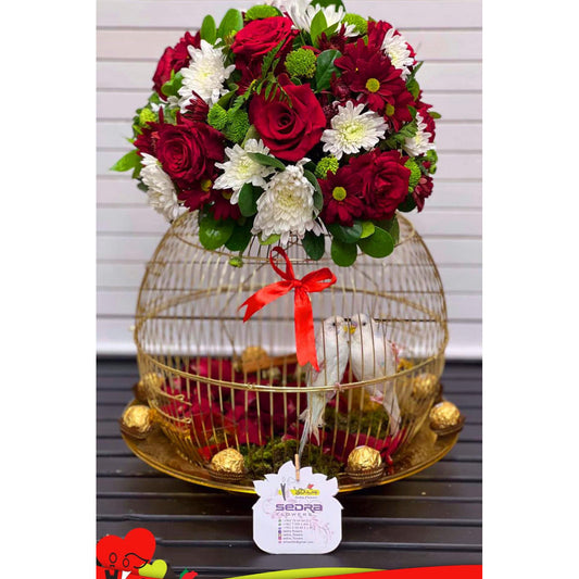 Red flower and Cage with two birds