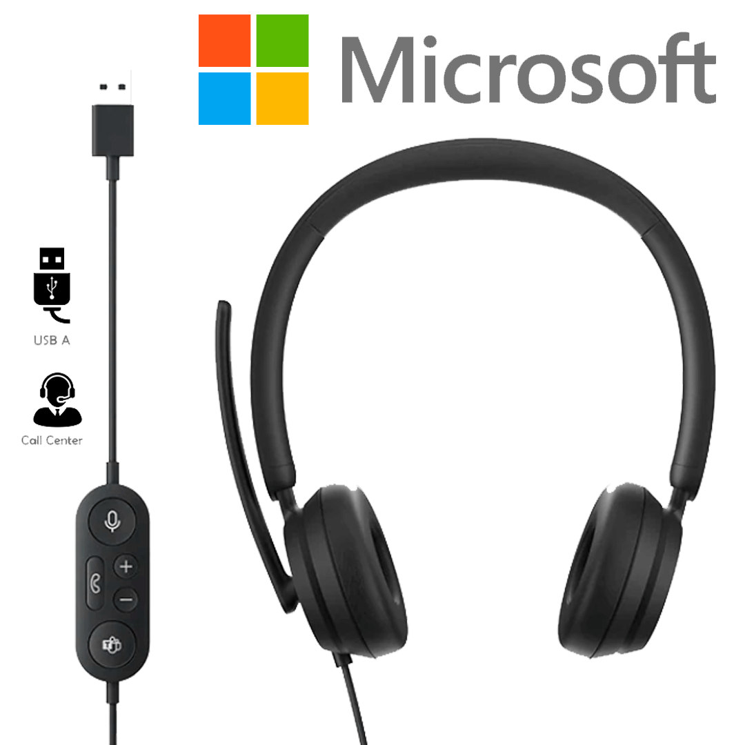 سماعات رأس ستريو USB حديثة من Microsoft مع ميكروفون لإلغاء الضوضاء وعناصر تحكم مضمنة معتمدة من Microsoft Teams