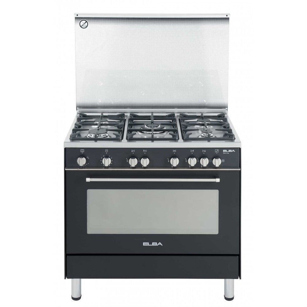 ELBA Gas Cooker 90 Cm 5 Burners Black With 1 Turbo Burner 4.2kW And Cast Iron Grids