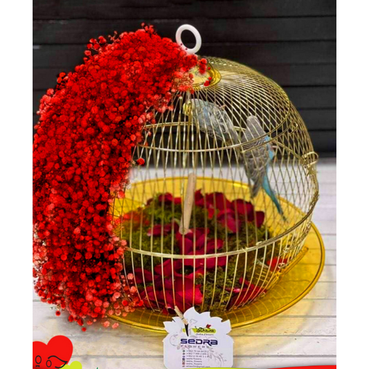 Red Flower with bird in cage