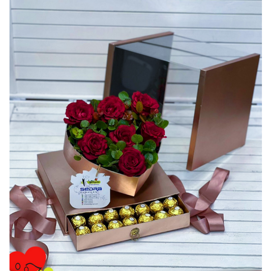 Red flower in box and choclate