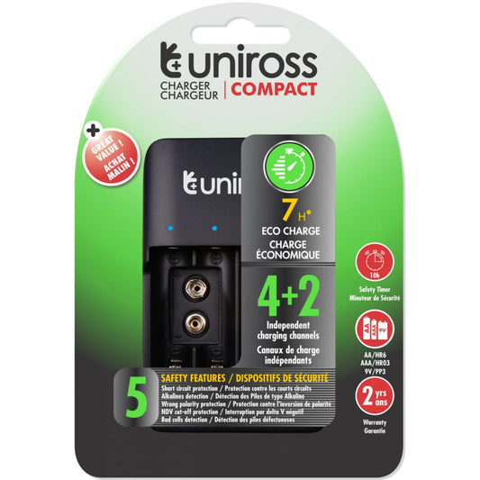 Uniross UCU004A USB Compact Multi Charger with 4x AA 2100 Batteries & USB Charging