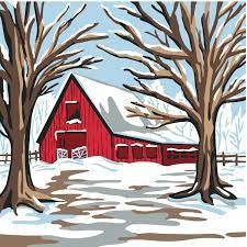 NEW Plaid Let's Paint By Numbers Winter Barn On Printed Canvas 35x35 cm