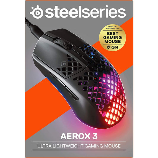 SteelSeries Aerox 3 Super Light Gaming Mouse 8,500 CPI TrueMove Core Optical Sensor 59g Water Resistant Design USB-C - Onyx