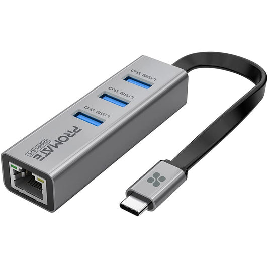 Promate GigaHub-C USB-C to Ethernet Adapter Hub Aluminum USB-C Hub to 10/100/1000Mbps Ethernet Port 5 Gbps Sync Charge 3x USB 3.0 Ports
