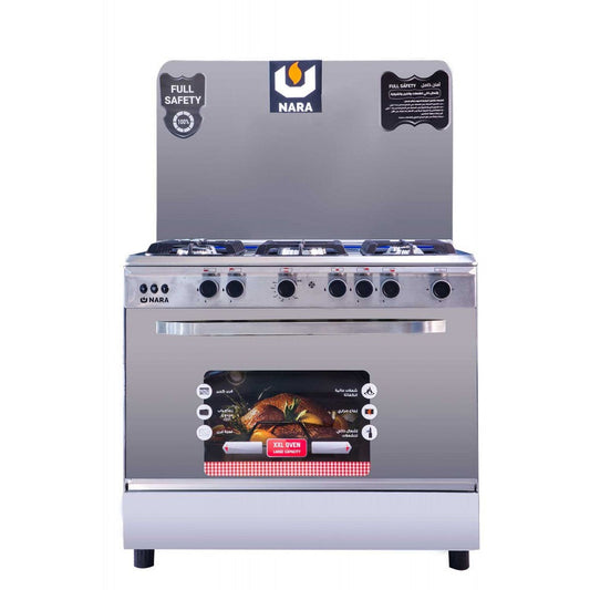 Nara Oven 5 Burners 90 CM Steel With Wide Enameled Iron Grids